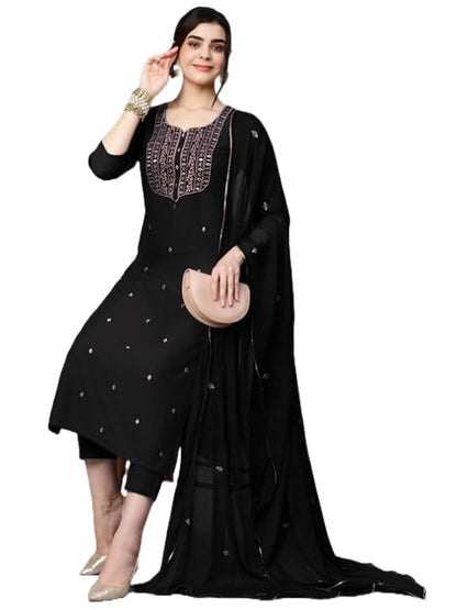 Women's Cotton Blend Embroidered Straight Kurta with Pant & Dupatta