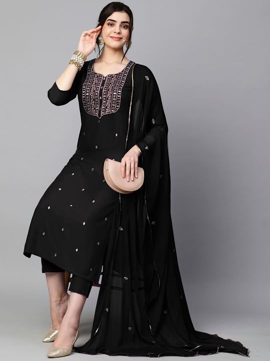 Women's Cotton Blend Embroidered Straight Kurta with Pant & Dupatta