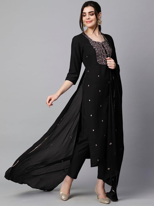 Women's Cotton Blend Embroidered Straight Kurta with Pant & Dupatta