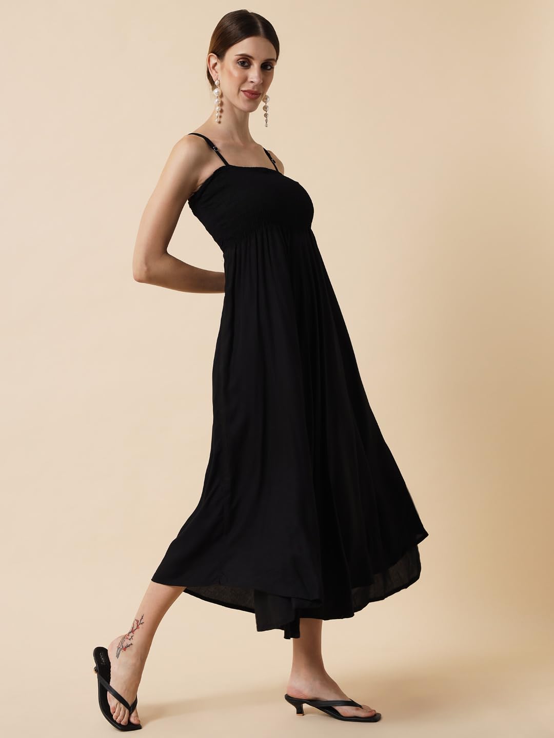 Meeranshi LIVING Jade Black Smocking Flared Midi Dress