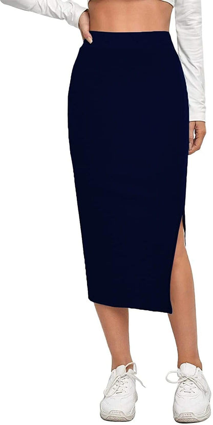 ALYNE Women's Elastic Waist Pencil Bodycon Midi Skirt - High Waisted with Side Slit Below Knee Length Elegance for Women