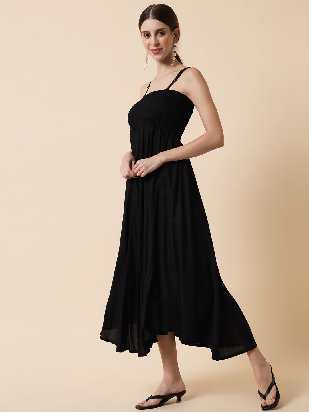 Meeranshi LIVING Jade Black Smocking Flared Midi Dress