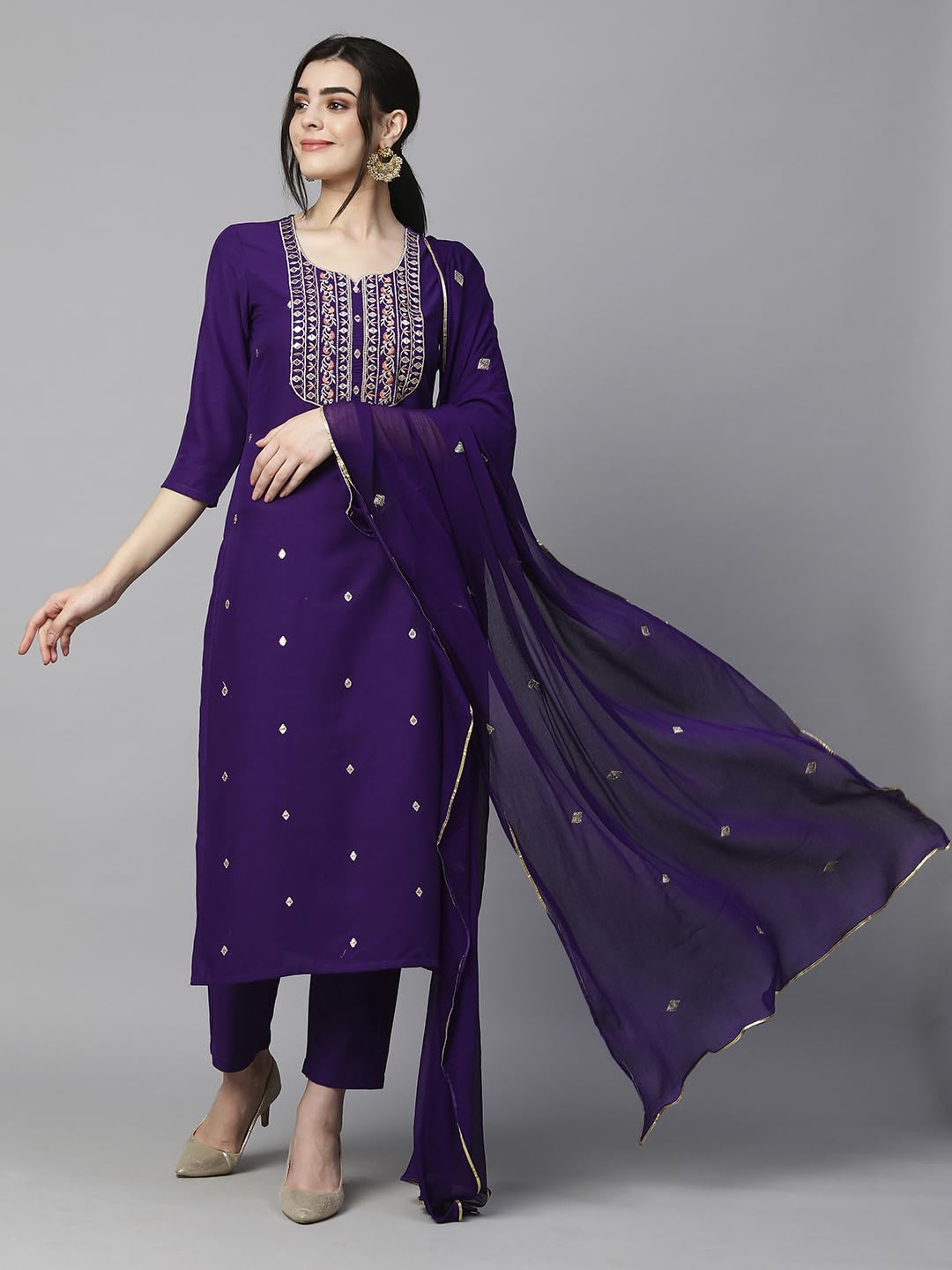 Women's Cotton Blend Embroidered Straight Kurta with Pant & Dupatta