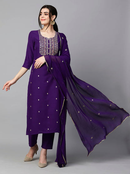 Women's Cotton Blend Embroidered Straight Kurta with Pant & Dupatta