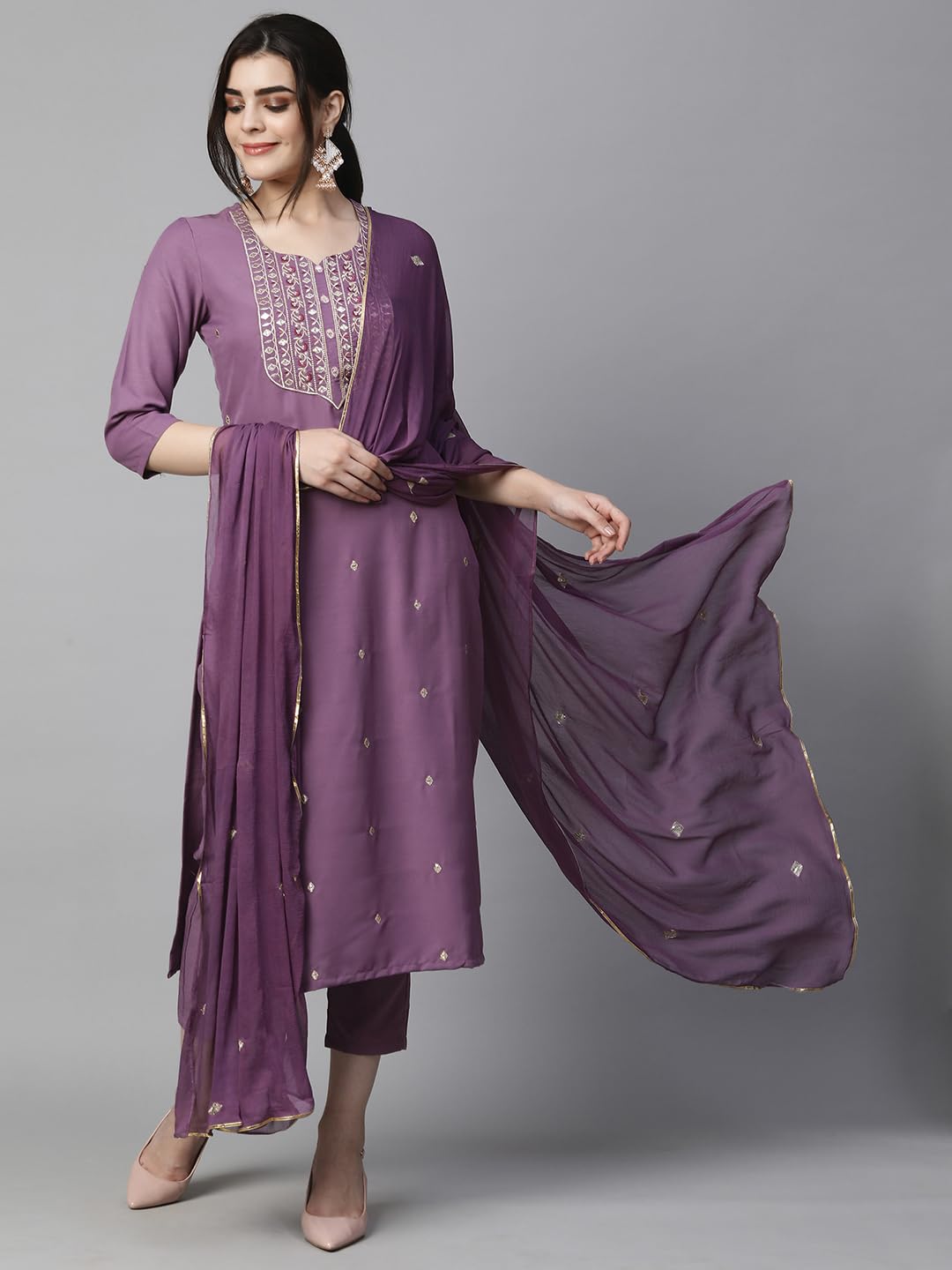 Women's Cotton Blend Embroidered Straight Kurta with Pant & Dupatta