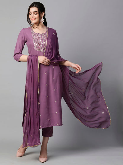 Women's Cotton Blend Embroidered Straight Kurta with Pant & Dupatta