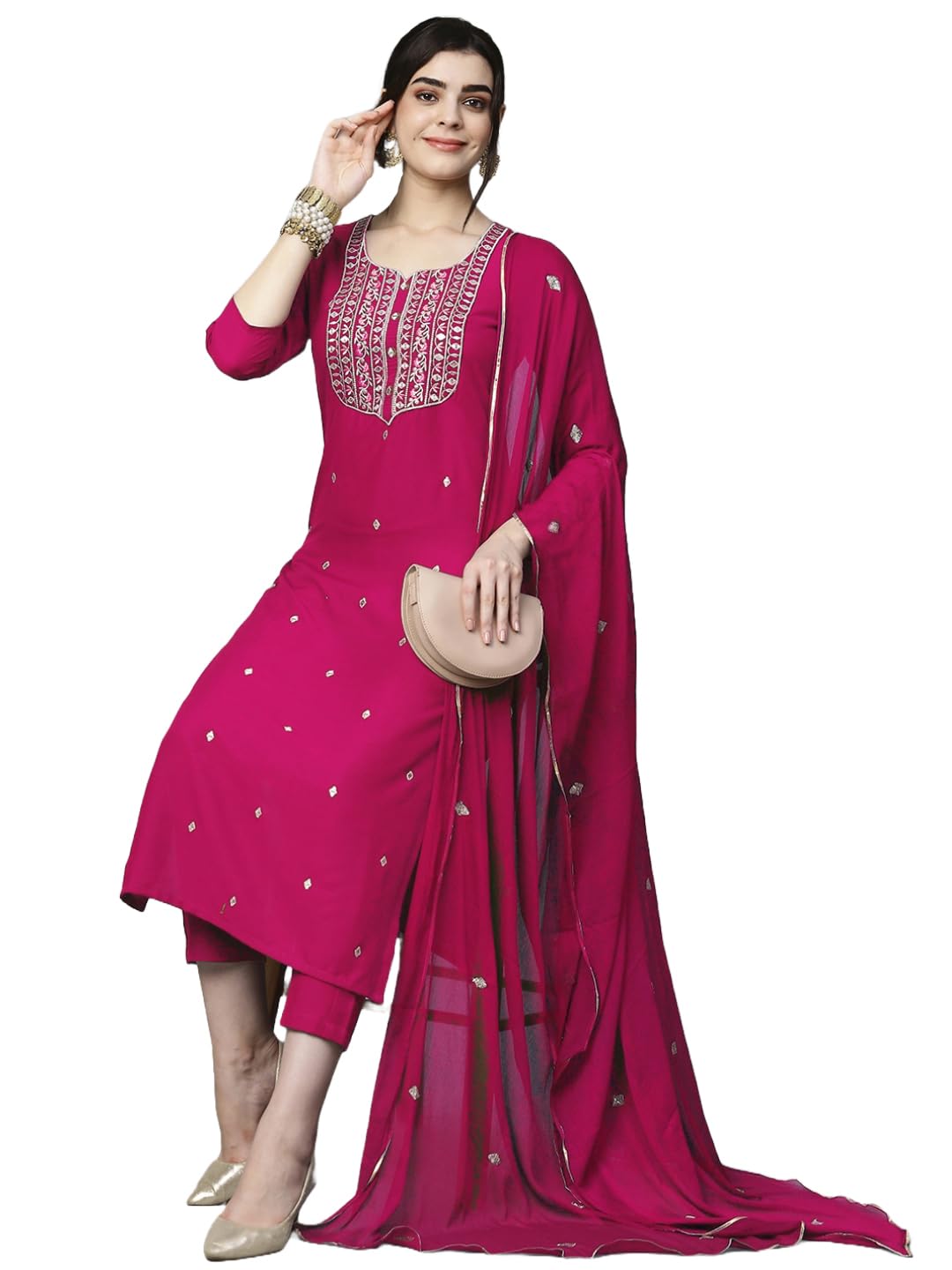 Women's Cotton Blend Embroidered Straight Kurta with Pant & Dupatta