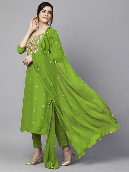 Women's Cotton Blend Embroidered Straight Kurta with Pant & Dupatta