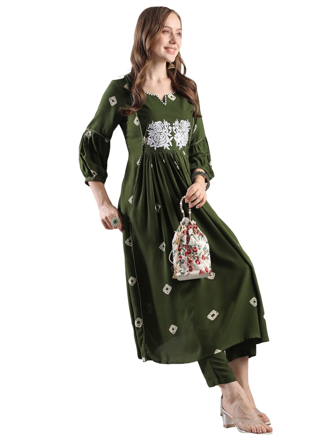 GoSriKi Women's Rayon Blend Anarkali Printed Kurta with Pant