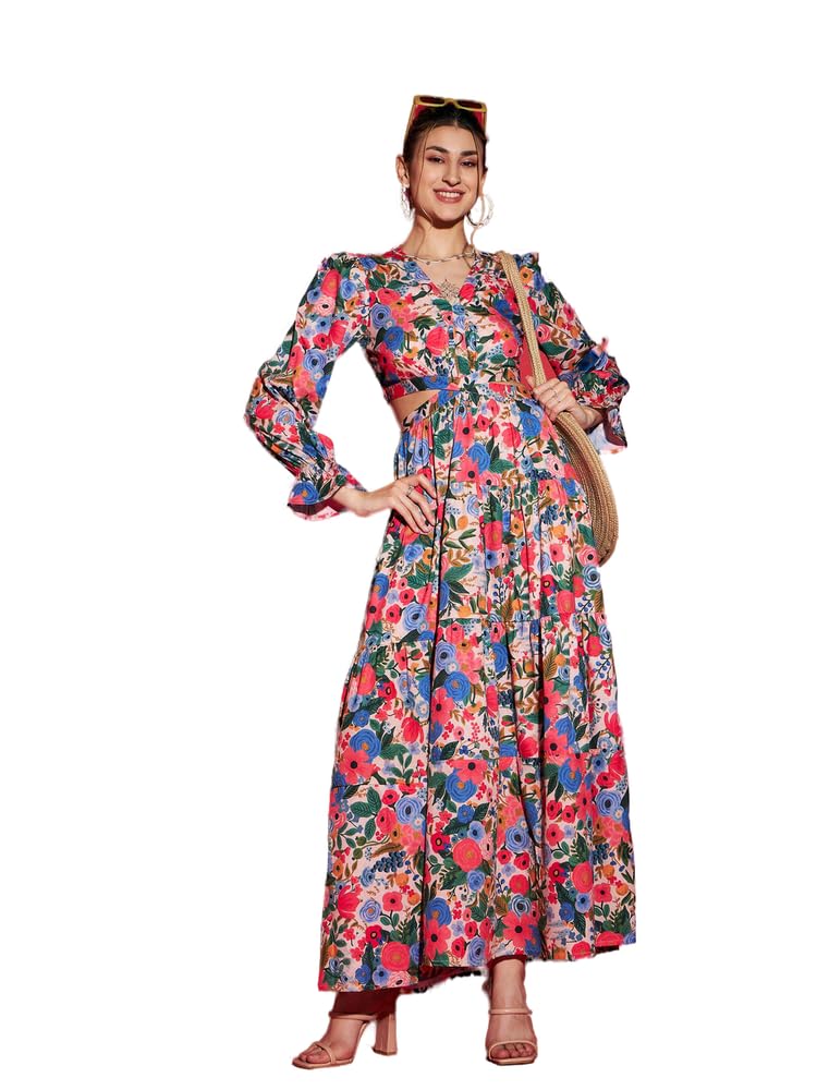 Laccy Floral Print Maxi Dress with Long Puff Sleeves, V-Neck