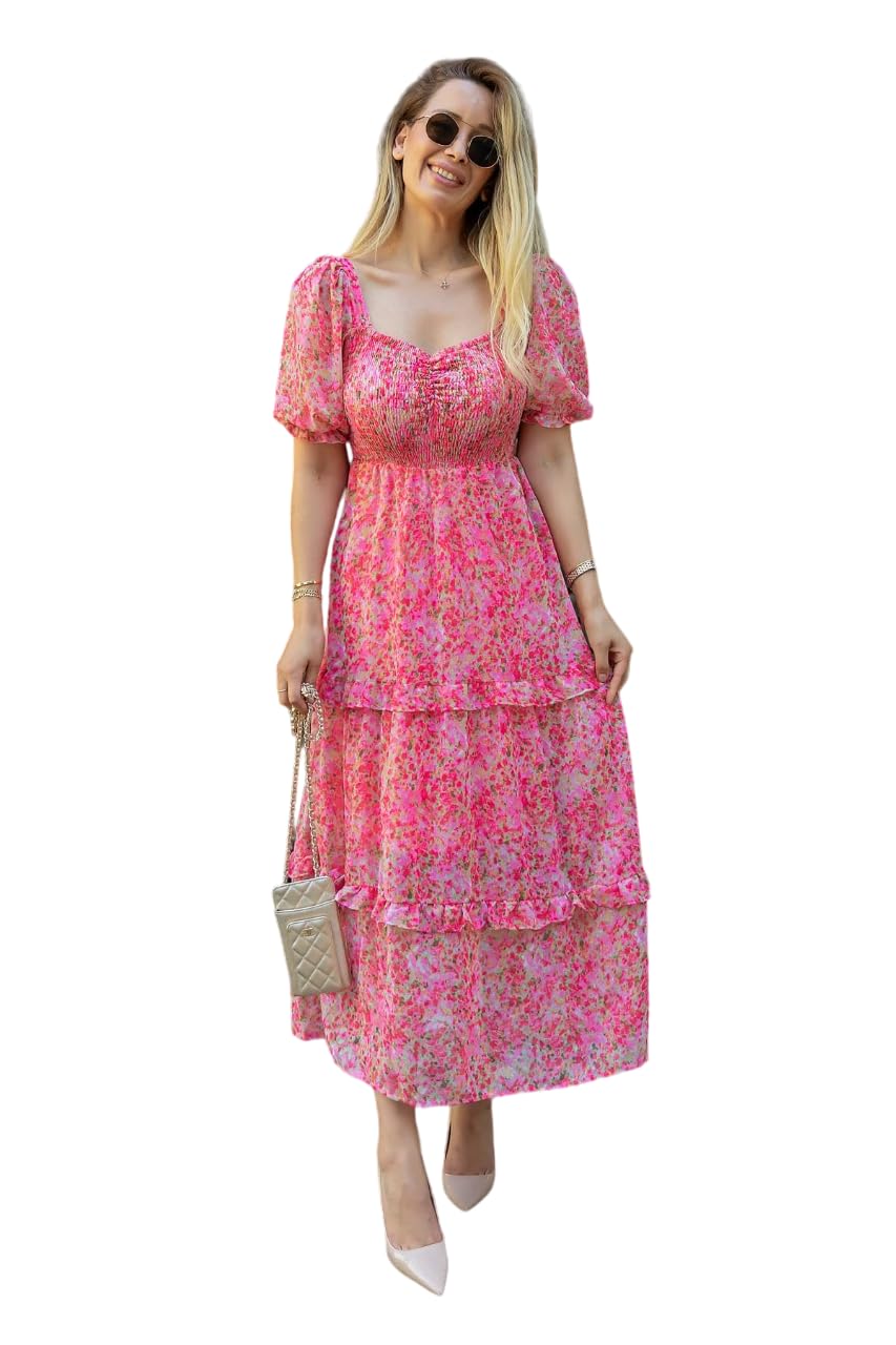 Sheetal Associates Women's Floral Puff Sleeve High Waist A Line Flowy Long Dress