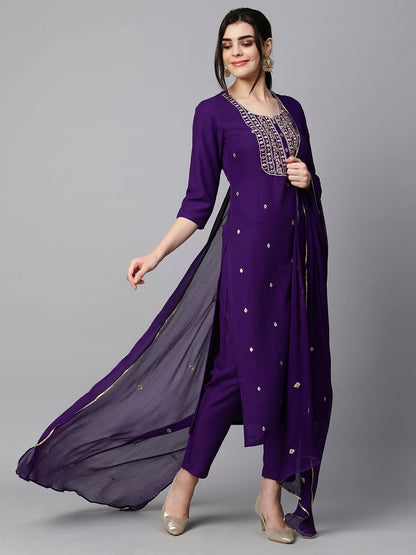 Women's Cotton Blend Embroidered Straight Kurta with Pant & Dupatta