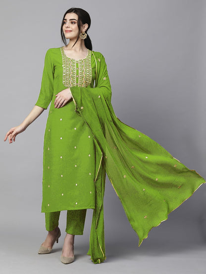 Women's Cotton Blend Embroidered Straight Kurta with Pant & Dupatta