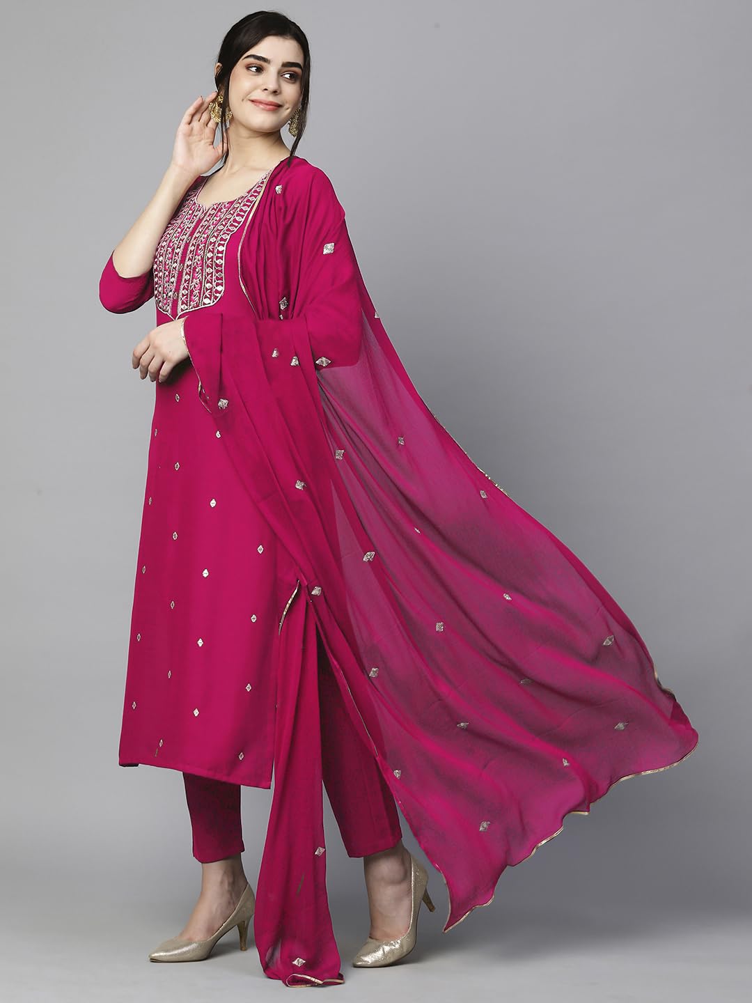 Women's Cotton Blend Embroidered Straight Kurta with Pant & Dupatta