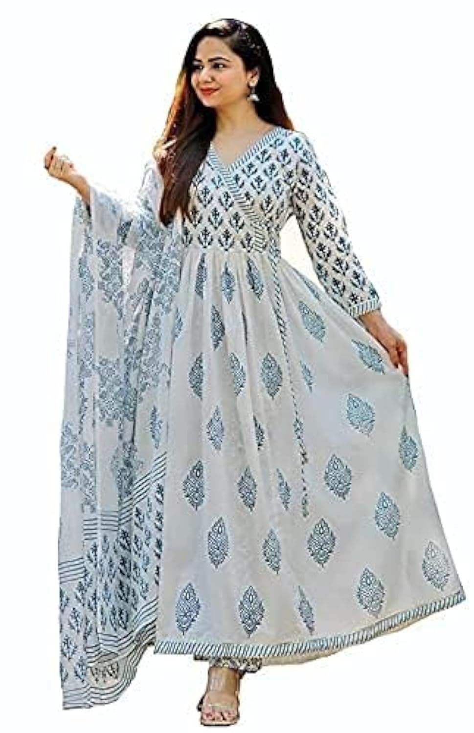 MEERA FAB Women's Cotton Printed White Anarkali Kurta with Palazzo & Dupatta Set