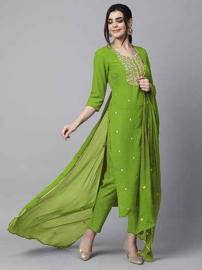 Women's Cotton Blend Embroidered Straight Kurta with Pant & Dupatta