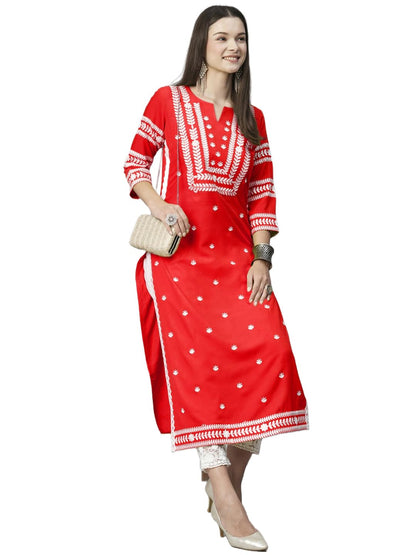 GoSriKi Women's Cotton Blend Embroidered Straight Kurta