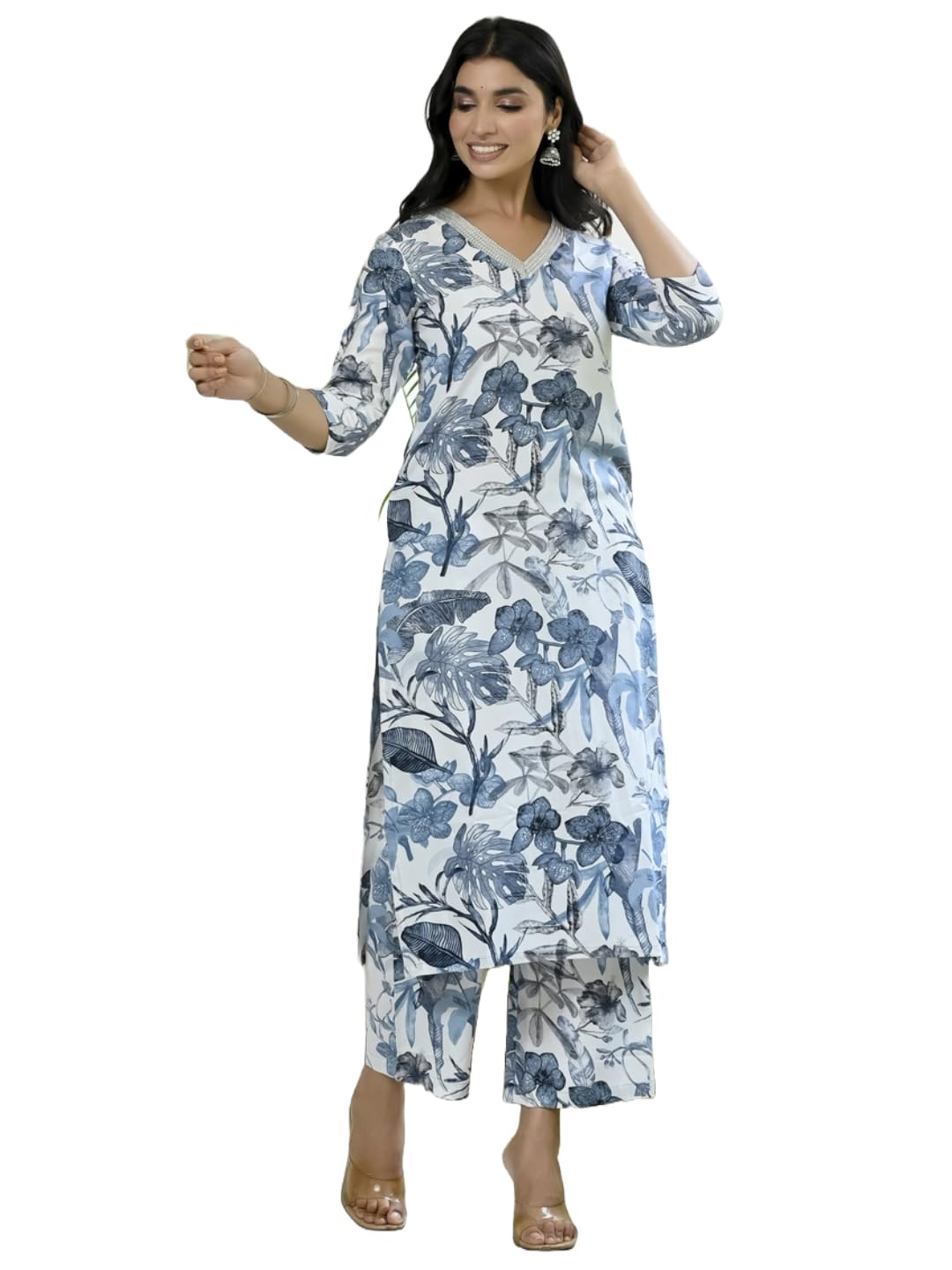 ANNI DESIGNER Women's Rayon Blend Printed Straight Kurta with Palazzo