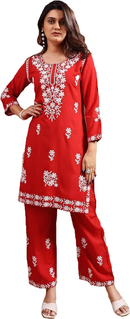 Fashobazzar Women's Rayon Lucknowi Chikankari Embroidered Work Kurta with Pant