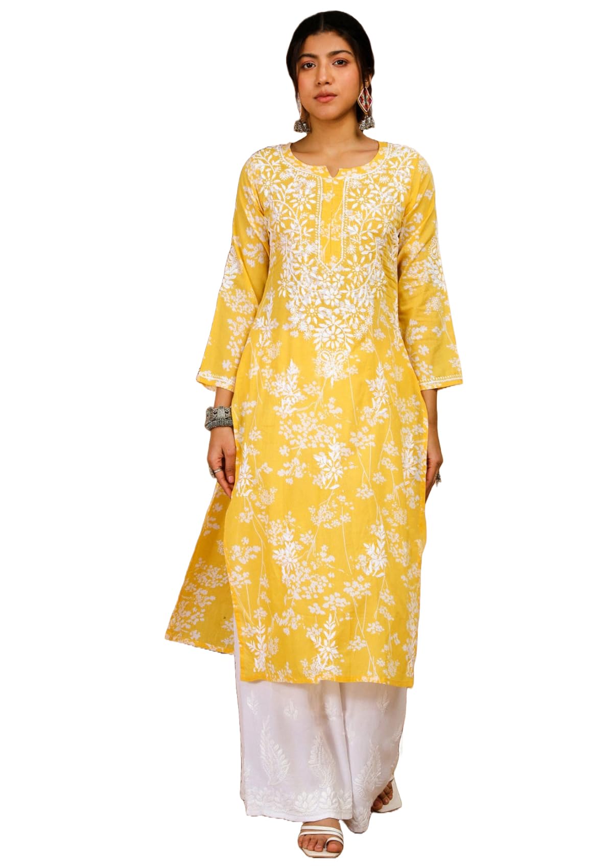 GoSriKi Women's Cotton Blend Chikankari Embroidered Straight Kurta Set