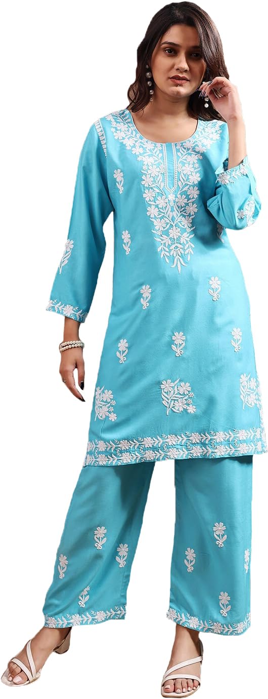 Fashobazzar Women's Rayon Lucknowi Chikankari Embroidered Work Kurta with Pant