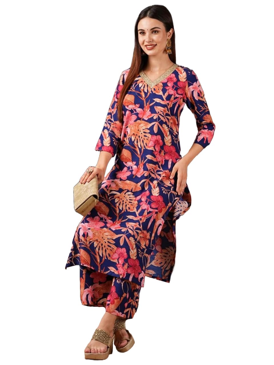 ANNI DESIGNER Women's Rayon Blend Printed Straight Kurta with Palazzo