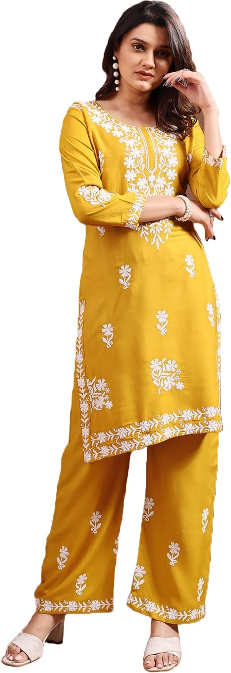 Fashobazzar Women's Rayon Lucknowi Chikankari Embroidered Work Kurta with Pant