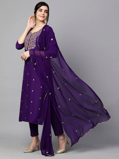 Women's Cotton Blend Embroidered Straight Kurta with Pant & Dupatta