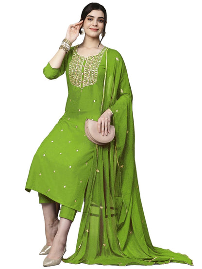 Women's Cotton Blend Embroidered Straight Kurta with Pant & Dupatta