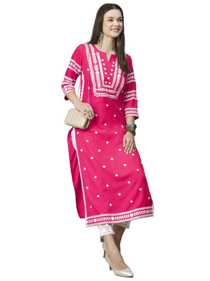 GoSriKi Women's Cotton Blend Embroidered Straight Kurta