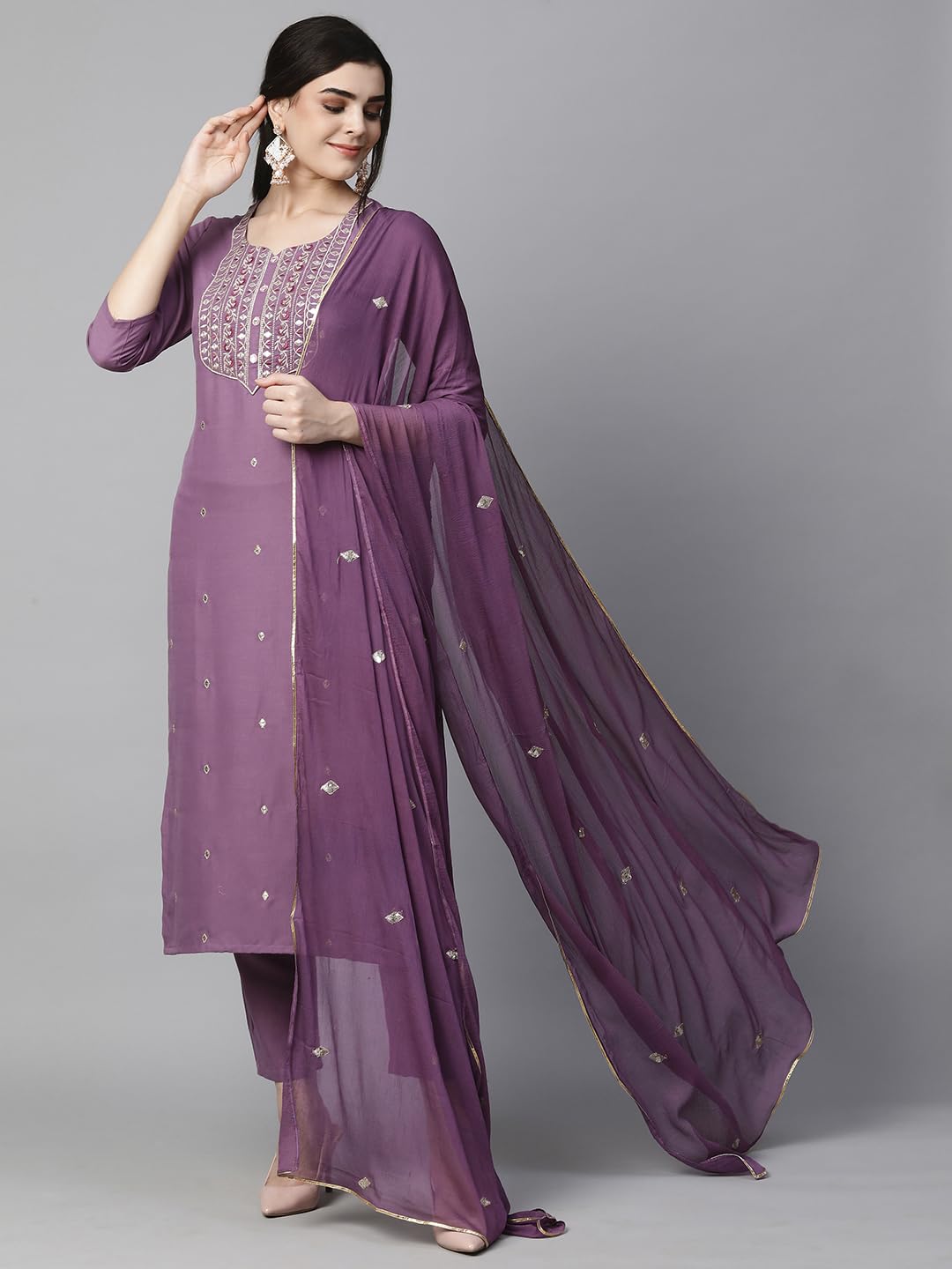 Women's Cotton Blend Embroidered Straight Kurta with Pant & Dupatta