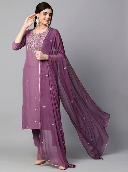 Women's Cotton Blend Embroidered Straight Kurta with Pant & Dupatta