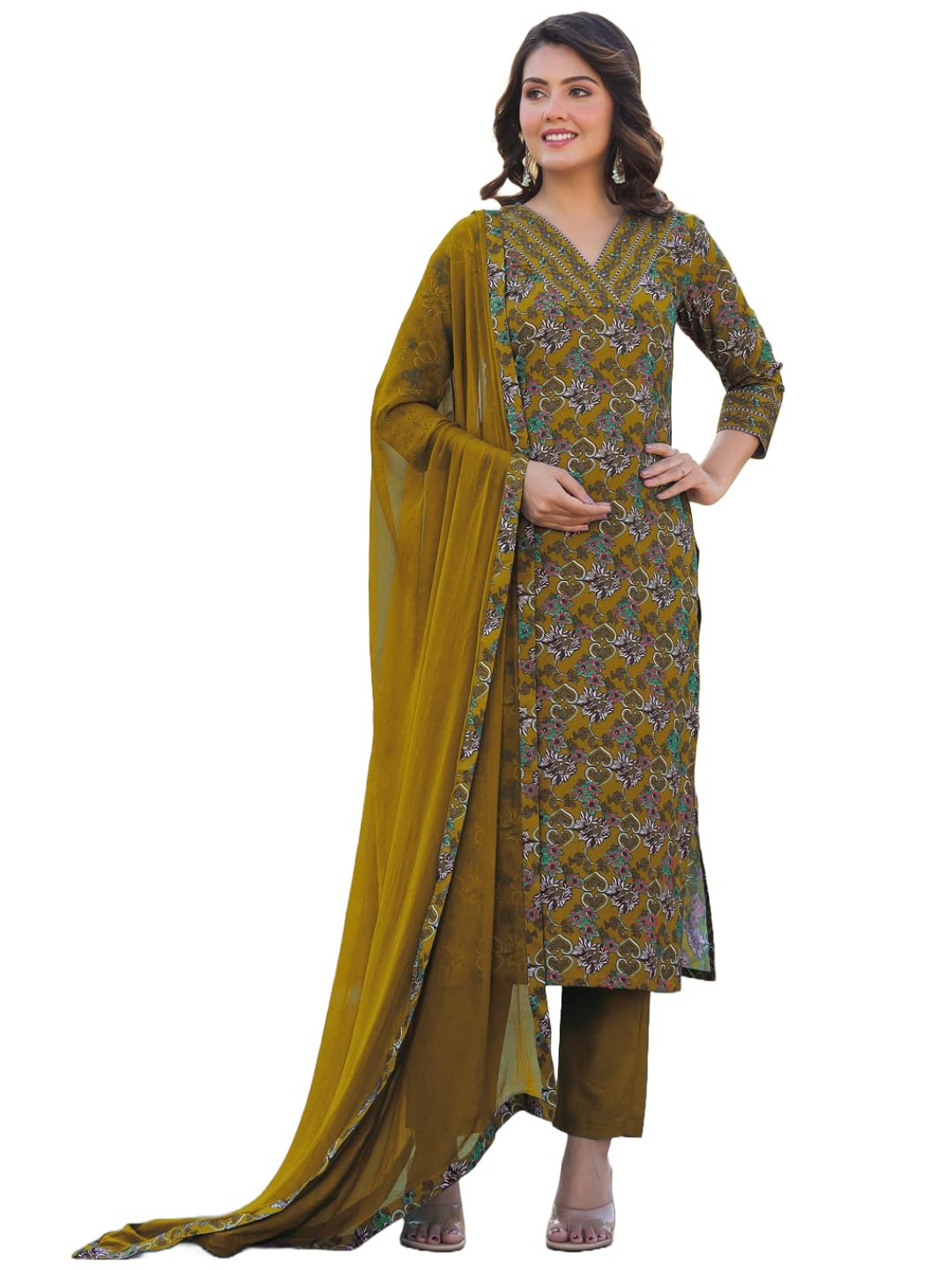 GoSriKi Women's Rayon Blend Straight Printed Kurta with Pant & Dupatta