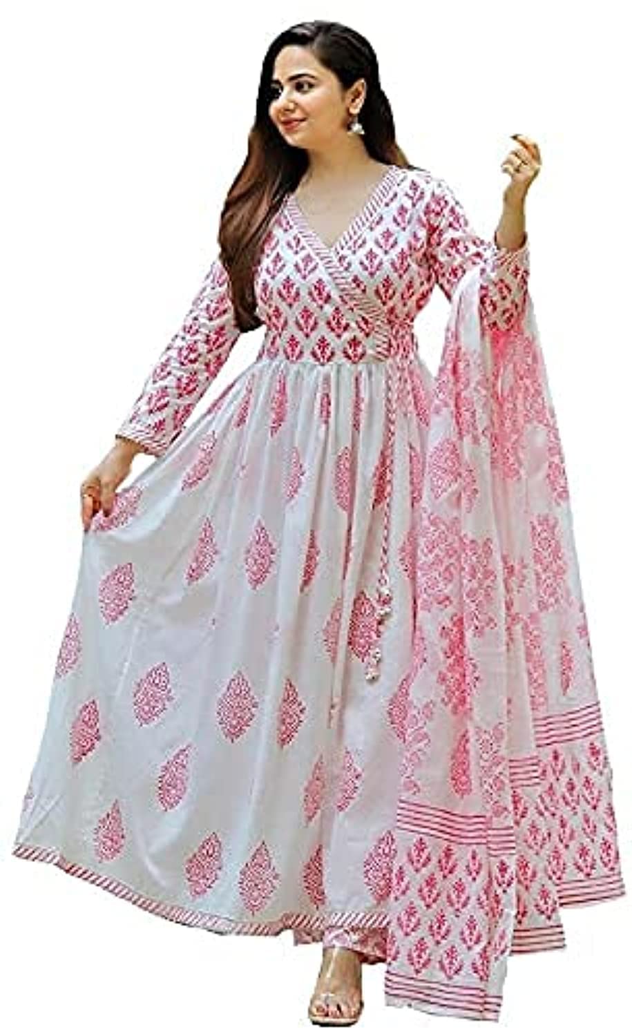 MEERA FAB Women's Cotton Printed White Anarkali Kurta with Palazzo & Dupatta Set