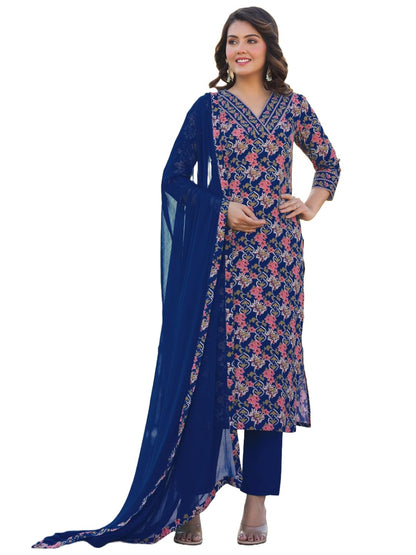 GoSriKi Women's Rayon Blend Straight Printed Kurta with Pant & Dupatta