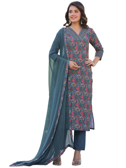 GoSriKi Women's Rayon Blend Straight Printed Kurta with Pant & Dupatta