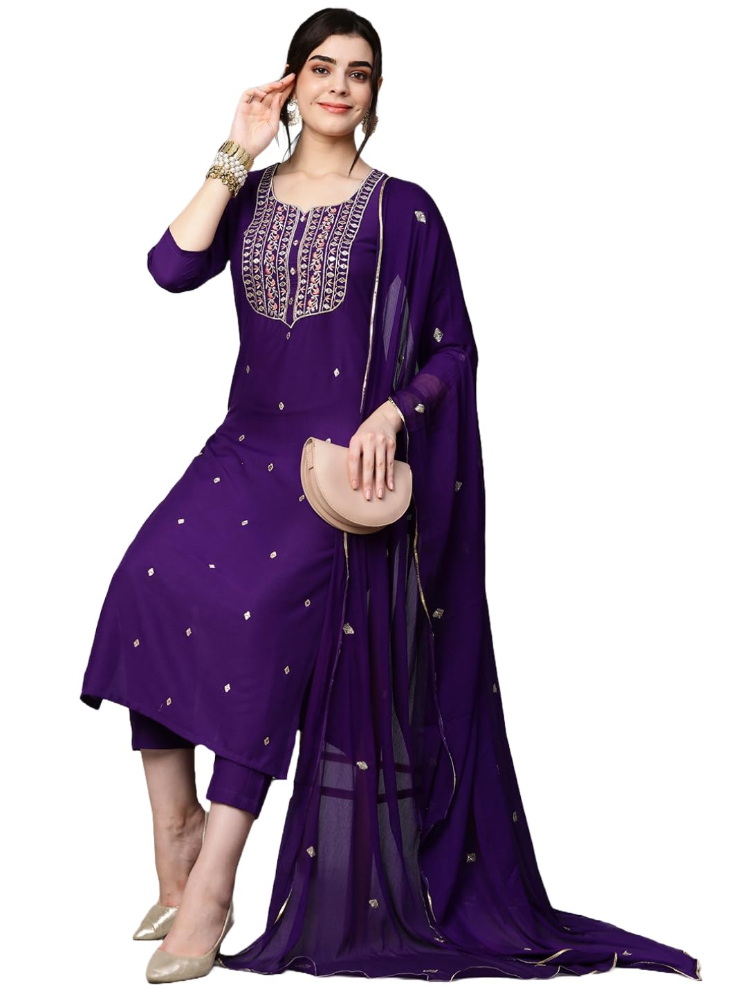 Women's Cotton Blend Embroidered Straight Kurta with Pant & Dupatta