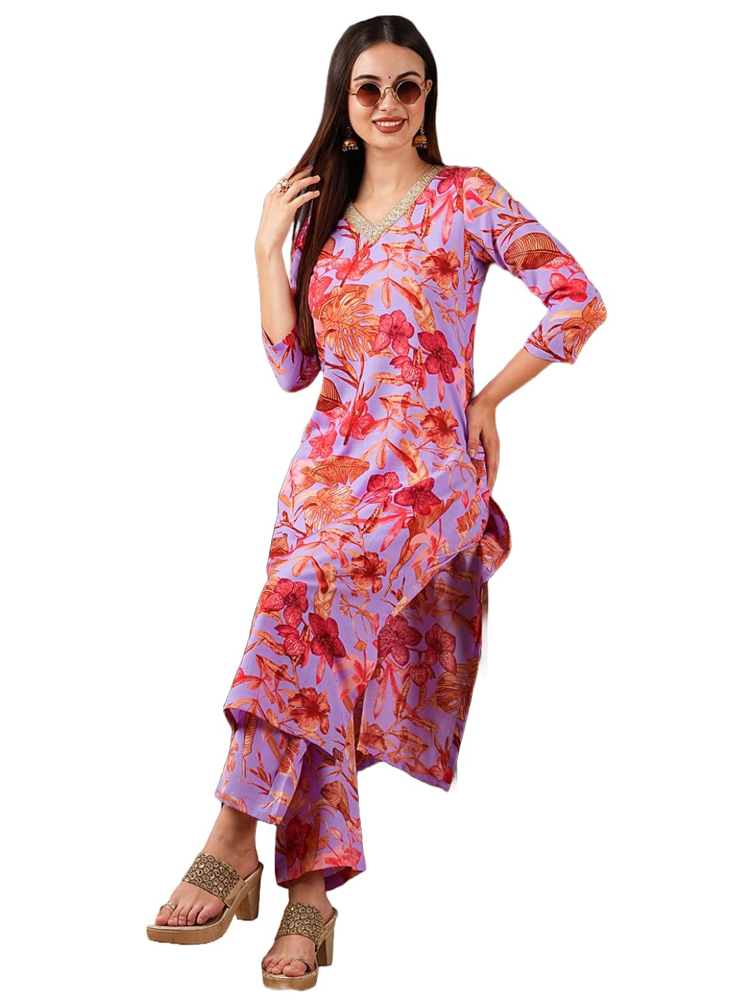 ANNI DESIGNER Women's Rayon Blend Printed Straight Kurta with Palazzo