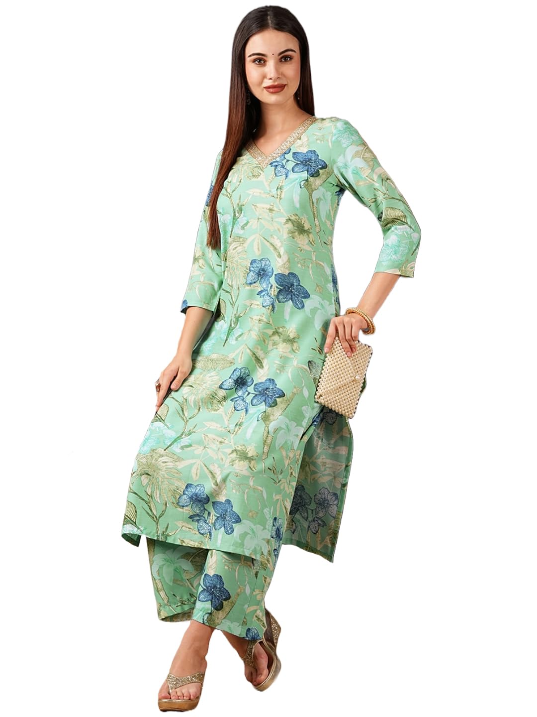 ANNI DESIGNER Women's Rayon Blend Printed Straight Kurta with Palazzo