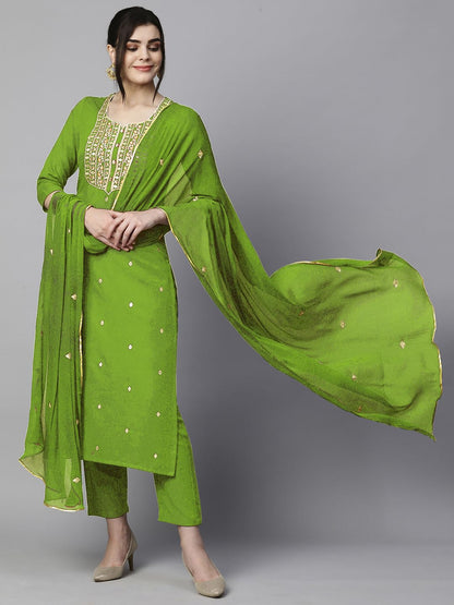 Women's Cotton Blend Embroidered Straight Kurta with Pant & Dupatta