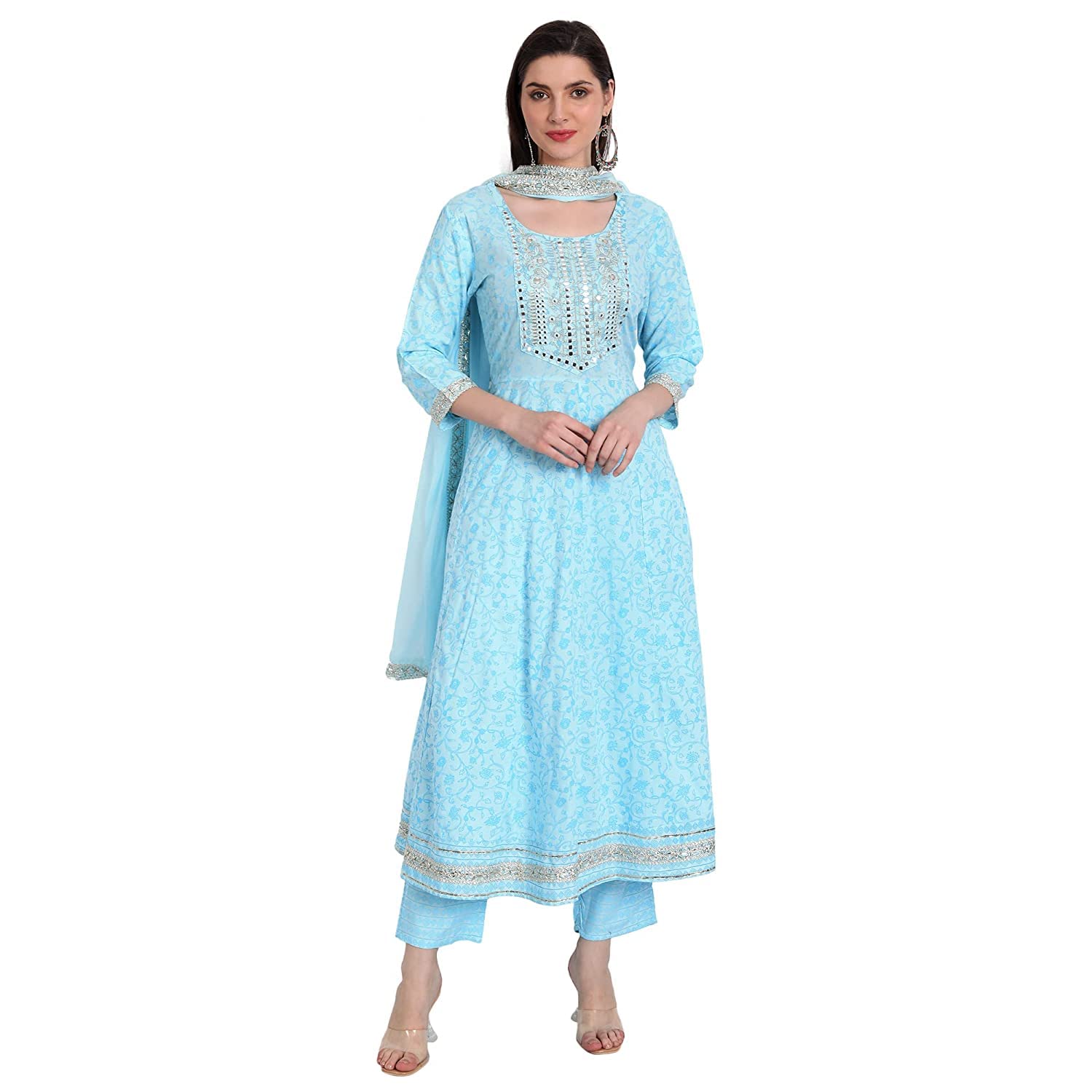 Rangnavi Women Rayon Anarkali Embroidered Printed Kurta Pant and Dupatta Set