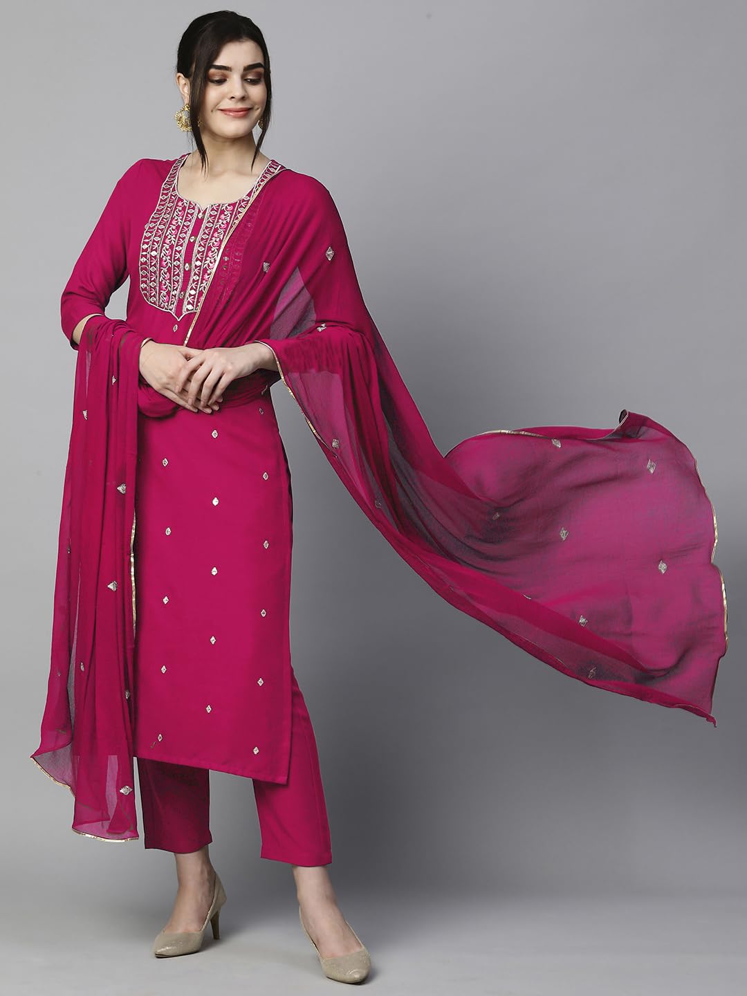 Women's Cotton Blend Embroidered Straight Kurta with Pant & Dupatta