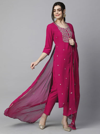 Women's Cotton Blend Embroidered Straight Kurta with Pant & Dupatta