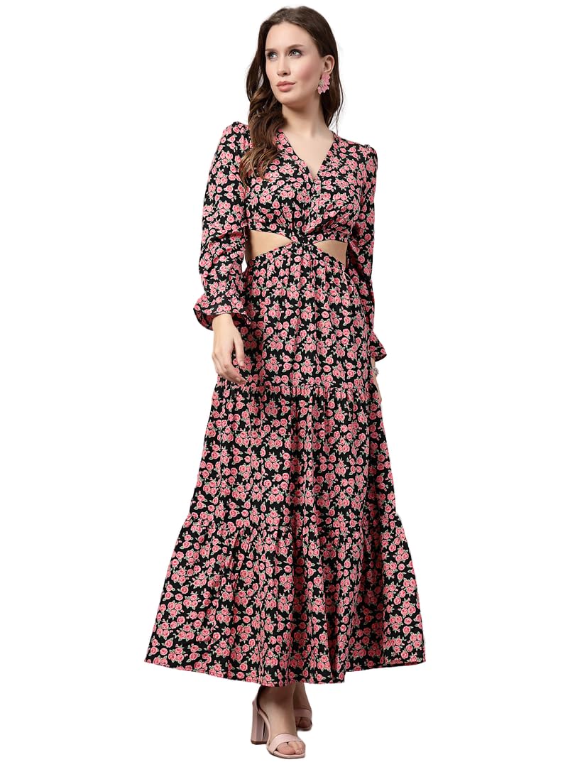 Laccy Floral Print Maxi Dress with Long Puff Sleeves, V-Neck