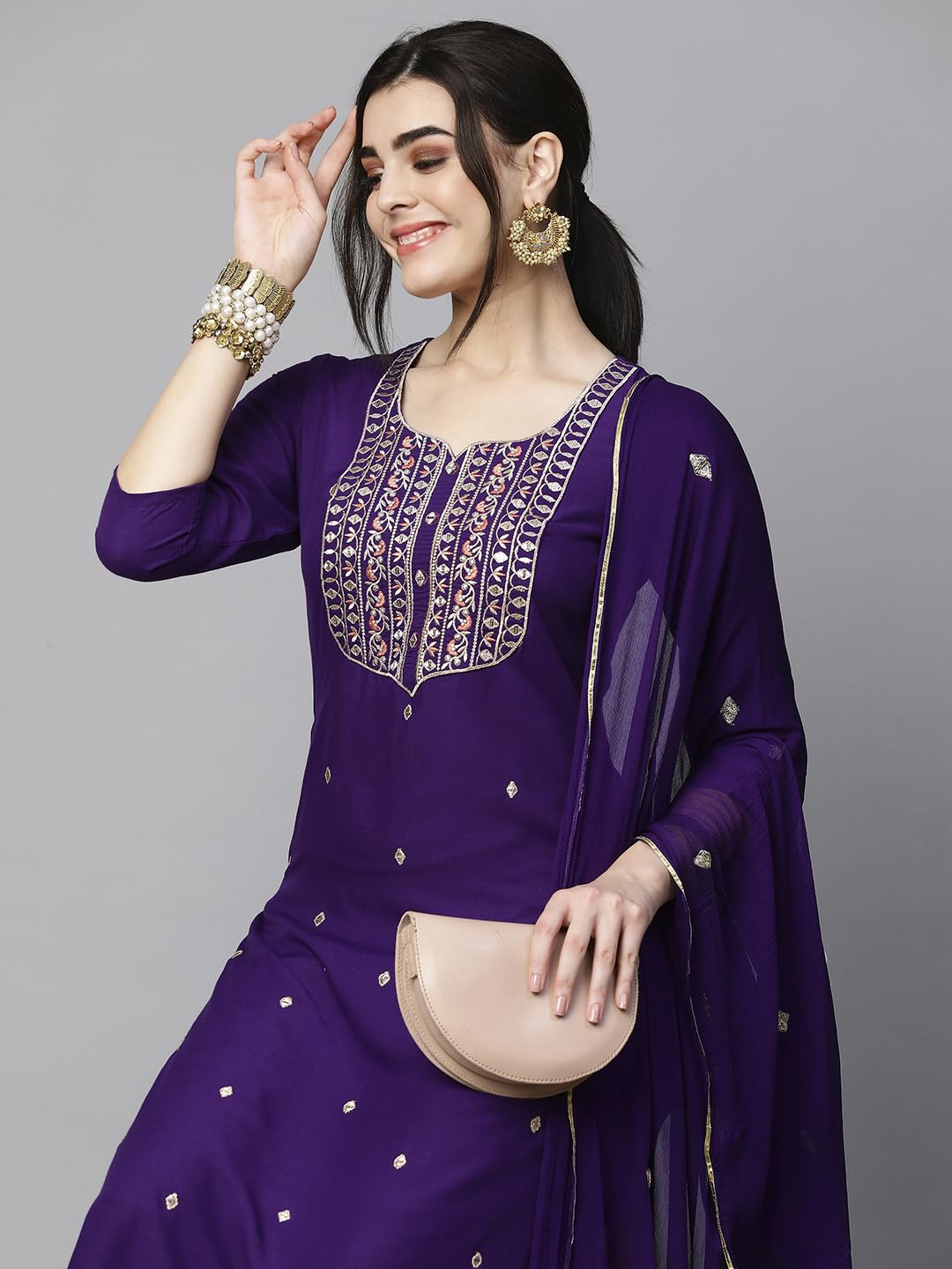 Women's Cotton Blend Embroidered Straight Kurta with Pant & Dupatta