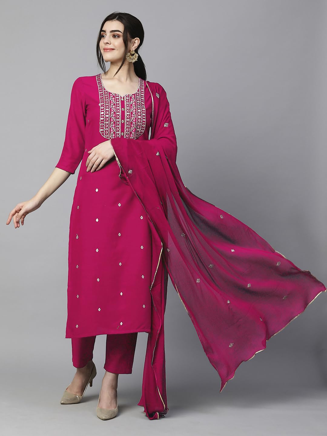 Women's Cotton Blend Embroidered Straight Kurta with Pant & Dupatta