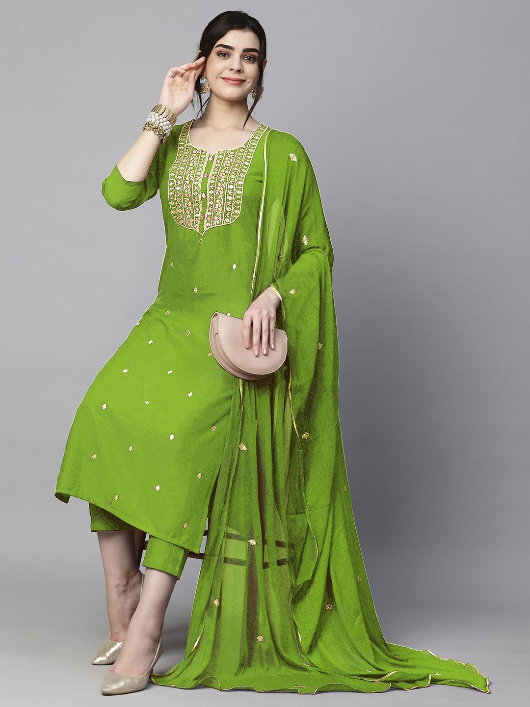 Women's Cotton Blend Embroidered Straight Kurta with Pant & Dupatta