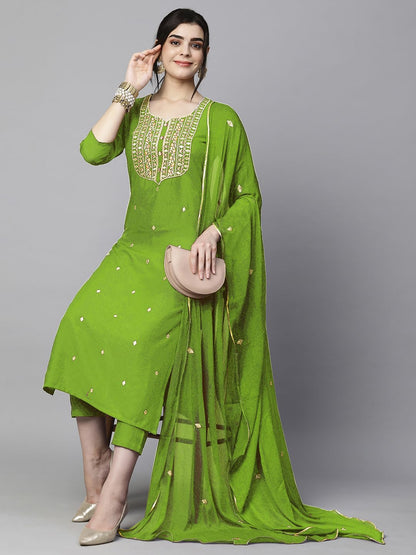 Women's Cotton Blend Embroidered Straight Kurta with Pant & Dupatta