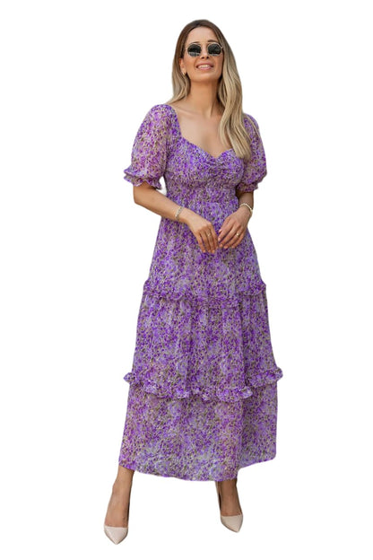 Sheetal Associates Women's Floral Puff Sleeve High Waist A Line Flowy Long Dress