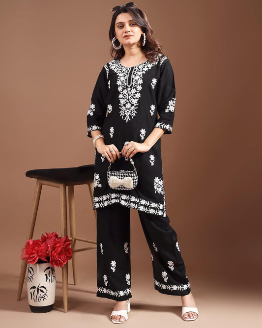 Fashobazzar Women's Rayon Lucknowi Chikankari Embroidered Work Kurta with Pant